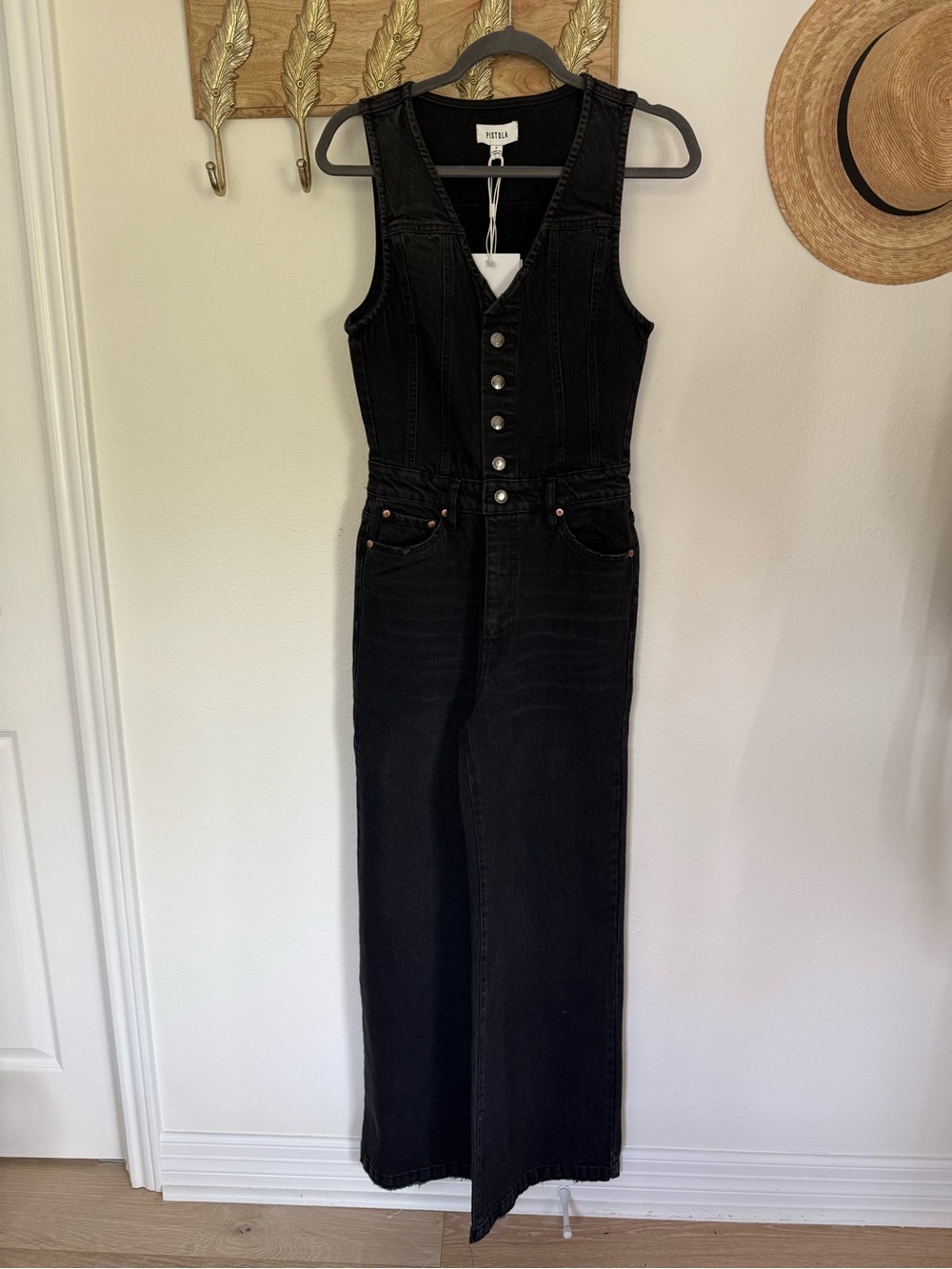 NWT Pistola Aria Denim Jumpsuit Mulholland Black Wide Leg Sz S - Picture 4 of 13